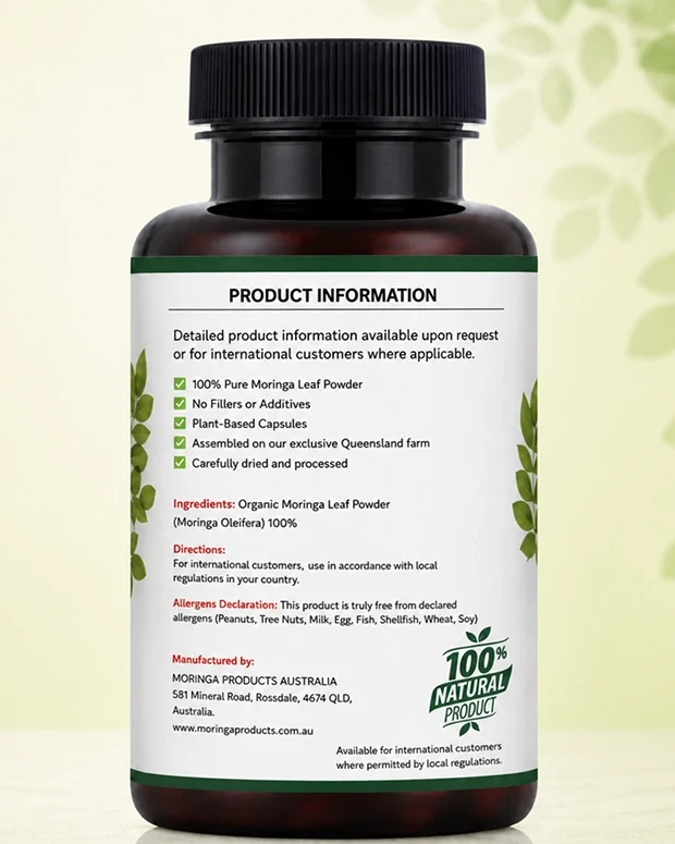 Moringa Leaf Capsules Back Label Back label of Moringa Products Australia Moringa Capsules showing supplement information and product details.