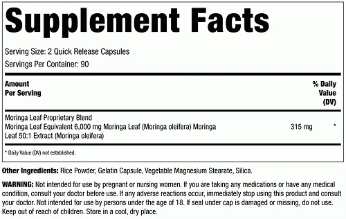 Piping Rock Moringa Supplement Facts Supplement facts label for Piping Rock Moringa Oleifera Extract showing dosage and ingredient information.