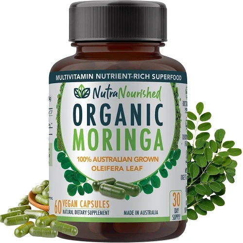 Nutra Nourished Organic Moringa Capsules Nutra Nourished Organic Moringa Leaf Tablets bottle with moringa leaves shown in the capsule comparison guide.