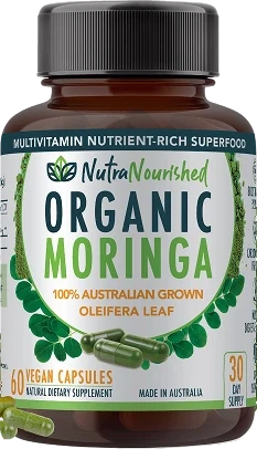 Nutra Nourished Organic Moringa Capsules Nutra Nourished Organic Moringa Leaf Tablets bottle with moringa leaves shown in the capsule comparison guide.
