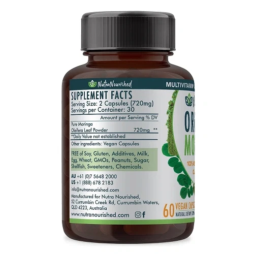 Nutra Nourished Moringa Back Label Back label of Nutra Nourished Organic Moringa Leaf Tablets showing product and supplement details.