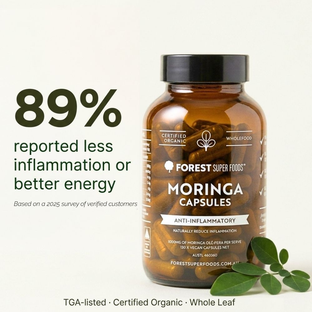 Advantage of Moringa Powder in Capsules Forest Super Foods Organic Moringa Capsules showing the Advantage of Moringa Powder in a clean whole-leaf capsule format.